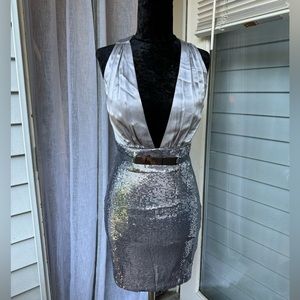 Bebe Silver Satin and Sequin Cocktail Dress Size Small